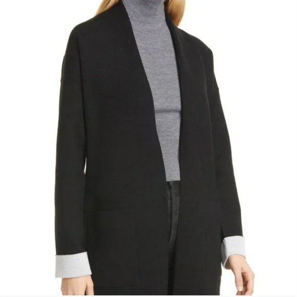 THEORY Open Front Double Face Wool Blend Long Cardigan In Black (Size P) - Picture 3 of 7